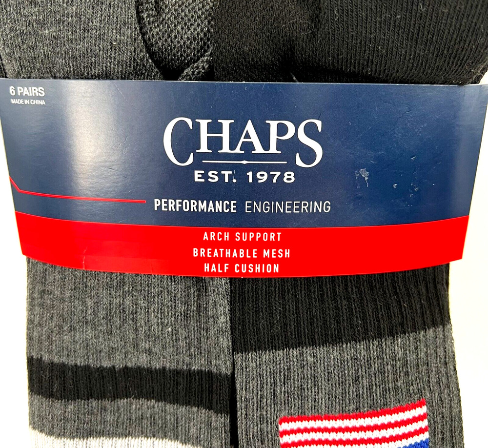 NEW Chaps Men’s Athletic Crew Socks 6 Pairs Arch Support Black Shoe Size 6-12.5